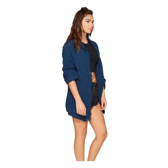 Free People I'll Be Around Cardigan Sweater Blue Silk Fringe Trim XS - Picture 4 of 13